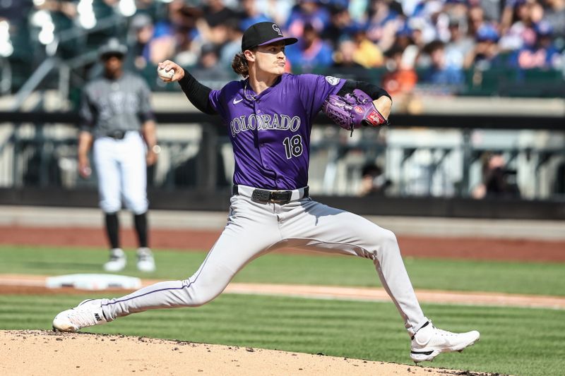 Jul 13, 2024; New York City, New York, USA;  Colorado Rockies starting pitcher Ryan Feltner (18) pitches in the first inning against the New York Mets at Citi Field. Mandatory Credit: Wendell Cruz-USA TODAY Sports