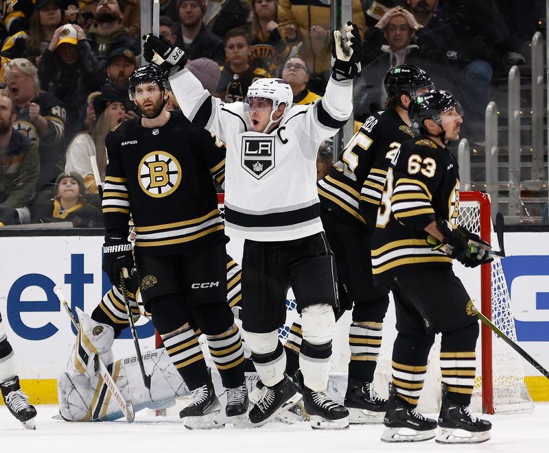 Feb 17, 2024; Boston, Massachusetts, USA; Los Angeles Kings center Anze Kopitar (11) celebrates his game tying goal against the Boston Bruins during the third period at TD Garden. Mandatory Credit: Winslow Townson-USA TODAY Sports