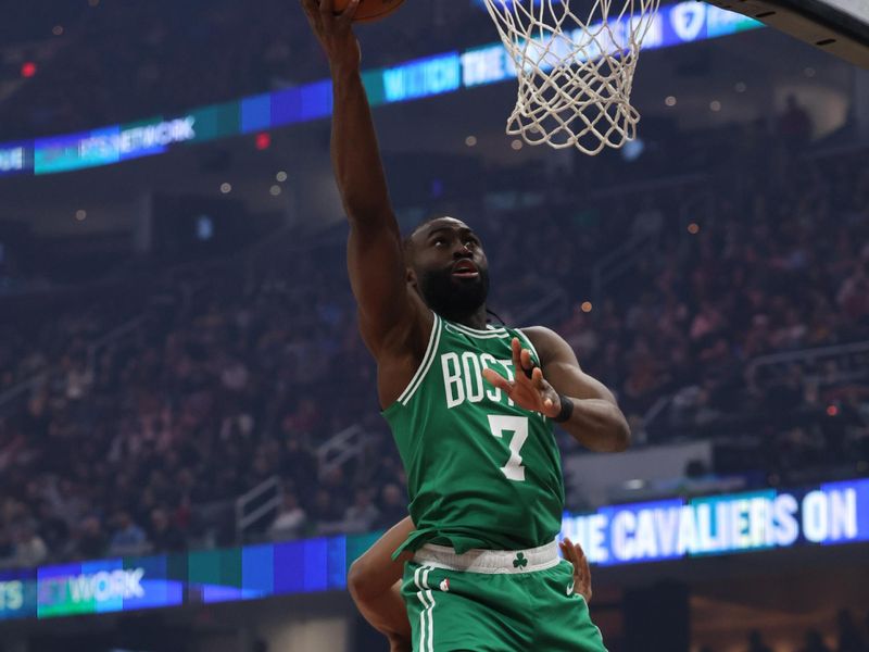 CLEVELAND, OH - FEBRUARY 04:  Jaylen Brown #7 of the Boston Celtics shoots the ball during the game against the Cleveland Cavaliers on February 04, 2025 at Rocket Mortgage FieldHouse in Cleveland, Ohio. NOTE TO USER: User expressly acknowledges and agrees that, by downloading and/or using this Photograph, user is consenting to the terms and conditions of the Getty Images License Agreement. Mandatory Copyright Notice: Copyright 2024 NBAE (Photo by  Lauren Leigh Bacho/NBAE via Getty Images)