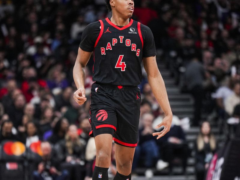 TORONTO, ON - FEBRUARY 9: Scottie Barnes #4 of the Toronto Raptors dribbles against the Houston Rockets during the first half of their basketball game at the Scotiabank Arena on February 9, 2024 in Toronto, Ontario, Canada. NOTE TO USER: User expressly acknowledges and agrees that, by downloading and/or using this Photograph, user is consenting to the terms and conditions of the Getty Images License Agreement. (Photo by Mark Blinch/Getty Images)