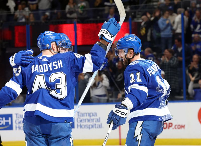 Dec 4, 2023; Tampa, Florida, USA; Tampa Bay Lightning center Luke Glendening (11) is congratulated after he scored a goal against the Dallas Stars  during the third period at Amalie Arena. Mandatory Credit: Kim Klement Neitzel-USA TODAY Sports