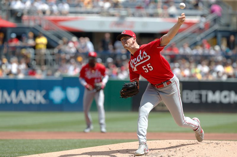 Aug 13, 2023; Pittsburgh, Pennsylvania, USA; Cincinnati Reds starting pitcher Brandon Williamson (55) delivers a pitch against the Pittsburgh Pirates during the first inning at PNC Park. Mandatory Credit: Charles LeClaire-USA TODAY Sports