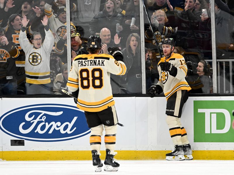 Jan 20, 2024; Boston, Massachusetts, USA; Boston Bruins center Charlie Coyle (13) reacts after scoring a goal against the Montreal Canadiens during the second period at the TD Garden. Mandatory Credit: Brian Fluharty-USA TODAY Sports