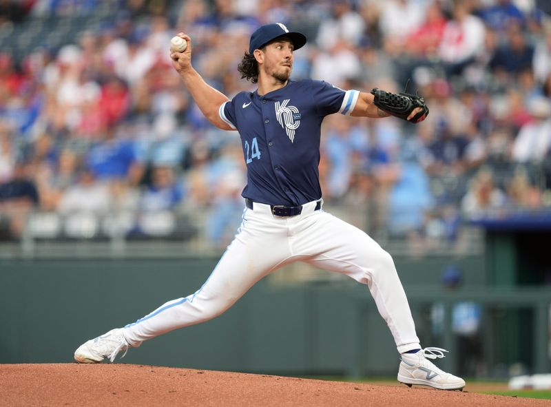 Aug 9, 2024; Kansas City, Missouri, USA; Kansas City Royals starting pitcher Michael Lorenzen (24) pitches during the first inning against the St. Louis Cardinals at Kauffman Stadium. Mandatory Credit: Jay Biggerstaff-USA TODAY Sports