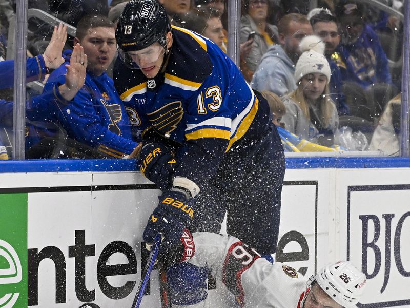 Dec 14, 2023; St. Louis, Missouri, USA;  St. Louis Blues right wing Alexey Toropchenko (13) and Ottawa Senators defenseman Erik Brannstrom (26) battle for the puck during the second period at Enterprise Center. Mandatory Credit: Jeff Curry-USA TODAY Sports