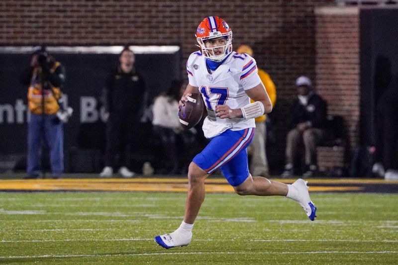 Nov 18, 2023; Columbia, Missouri, USA; Florida Gators quarterback Max Brown (17) drops back to pass against the Missouri Tigers  during the second half at Faurot Field at Memorial Stadium. Mandatory Credit: Denny Medley-USA TODAY Sports