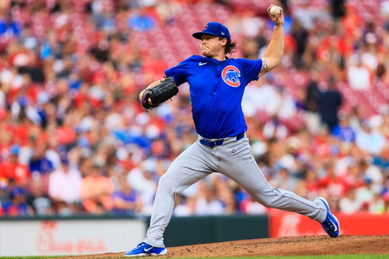 Jul 30, 2024; Cincinnati, Ohio, USA; Chicago Cubs starting pitcher Justin Steele (35) pitches against the Cincinnati Reds in the second inning at Great American Ball Park. Mandatory Credit: Katie Stratman-USA TODAY Sports