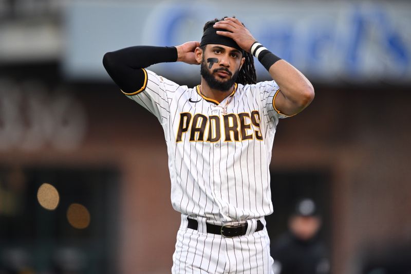 Jul 5, 2023; San Diego, California, USA; San Diego Padres right fielder Fernando Tatis Jr. (23) looks on during the sixth inning against the Los Angeles Angels at Petco Park. Mandatory Credit: Orlando Ramirez-USA TODAY Sports