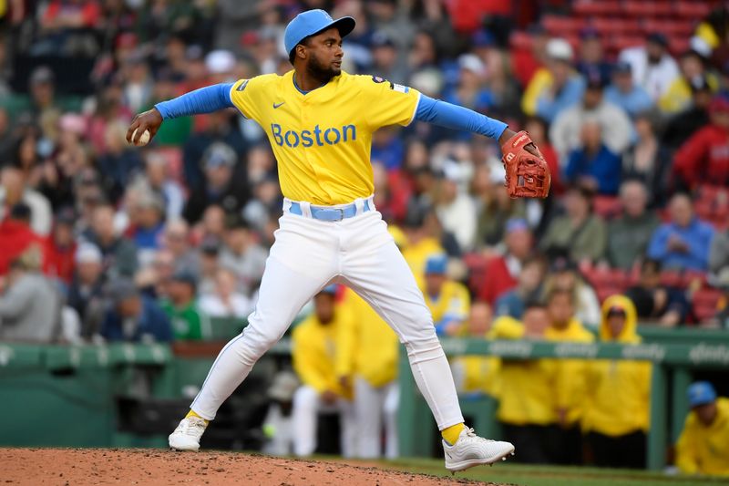 Apr 27, 2024; Boston, Massachusetts, USA; Boston Red Sox third baseman Pablo Reyes (19) pitches during the ninth inning against the Chicago Cubs at Fenway Park. Mandatory Credit: Bob DeChiara-USA TODAY Sports