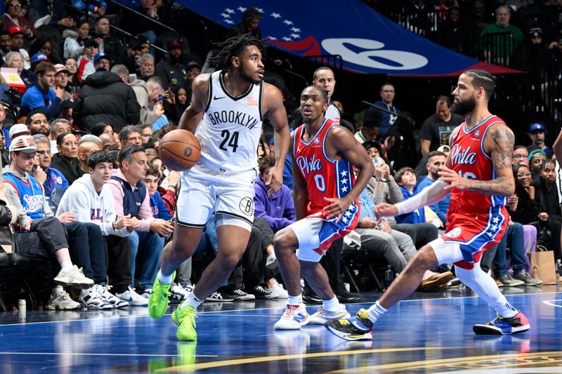 PHILADELPHIA, PA - NOVEMBER 22: Cam Thomas #24 of the Brooklyn Nets dribbles the ball during the game against the Philadelphia 76ers during the Emirates NBA Cup game on November 22, 2024 at the Wells Fargo Center in Philadelphia, Pennsylvania NOTE TO USER: User expressly acknowledges and agrees that, by downloading and/or using this Photograph, user is consenting to the terms and conditions of the Getty Images License Agreement. Mandatory Copyright Notice: Copyright 2024 NBAE (Photo by David Dow/NBAE via Getty Images)