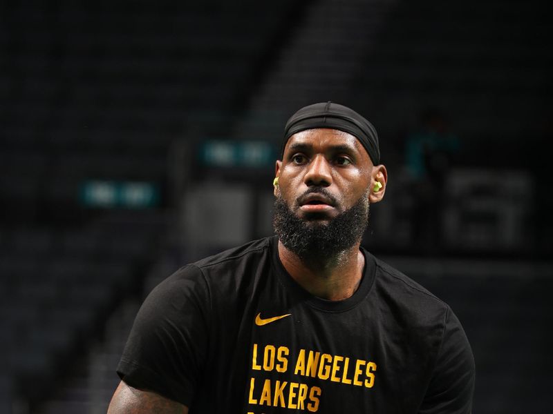 CHARLOTTE, NC - FEBRUARY 5: LeBron James #23 of the Los Angeles Lakers warms up before the game again the Charlotte Hornets on February 5, 2024 at Spectrum Center in Charlotte, North Carolina. NOTE TO USER: User expressly acknowledges and agrees that, by downloading and or using this photograph, User is consenting to the terms and conditions of the Getty Images License Agreement. Mandatory Copyright Notice: Copyright 2024 NBAE (Photo by Kent Smith/NBAE via Getty Images)