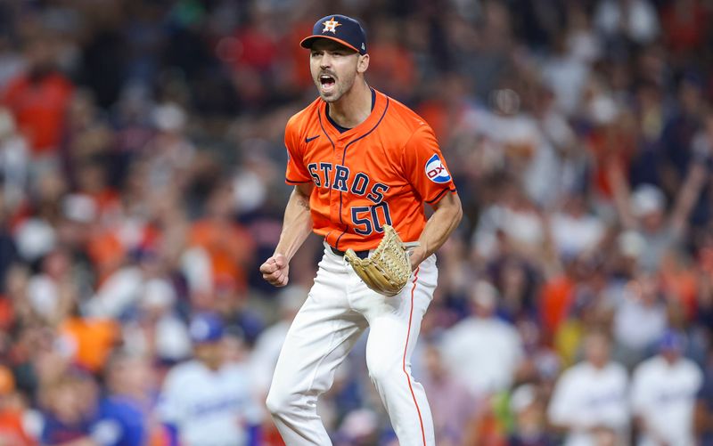 Jul 26, 2024; Houston, Texas, USA; Houston Astros relief pitcher Tayler Scott (50) reacts after the final out during the ninth inning against the Los Angeles Dodgers at Minute Maid Park. Mandatory Credit: Troy Taormina-USA TODAY Sports