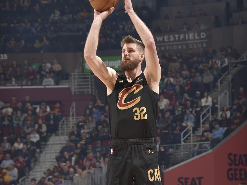 CLEVELAND, OH - MARCH 5: Dean Wade #32 of the Cleveland Cavaliers shoots the ball during the game against the Boston Celtics on March 5, 2024 at Rocket Mortgage FieldHouse in Cleveland, Ohio. NOTE TO USER: User expressly acknowledges and agrees that, by downloading and/or using this Photograph, user is consenting to the terms and conditions of the Getty Images License Agreement. Mandatory Copyright Notice: Copyright 2024 NBAE (Photo by David Liam Kyle/NBAE via Getty Images)