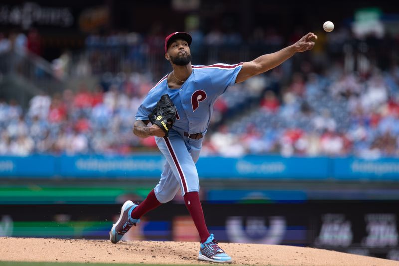May 29, 2025; Philadelphia, Pennsylvania, USA; Philadelphia Phillies pitcher Cristopher Sanchez (61) throws a pitch during the second inning against the Atlanta Braves at Citizens Bank Park. Mandatory Credit: Bill Streicher-Imagn Images