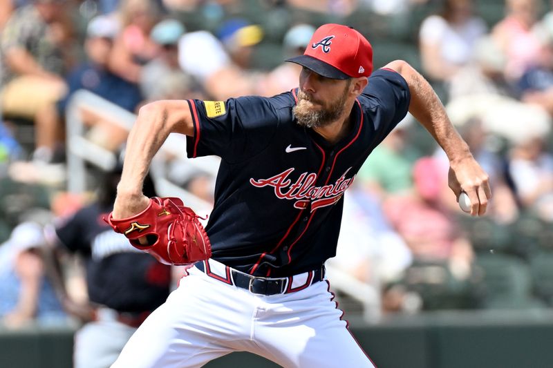 Mar 4, 2025; North Port, Florida, USA; Atlanta Braves starting pitcher Chris Sale (51) throws a pitch in the first inning against the Minnesota Twins during spring training at CoolToday Park. Mandatory Credit: Jonathan Dyer-Imagn Images