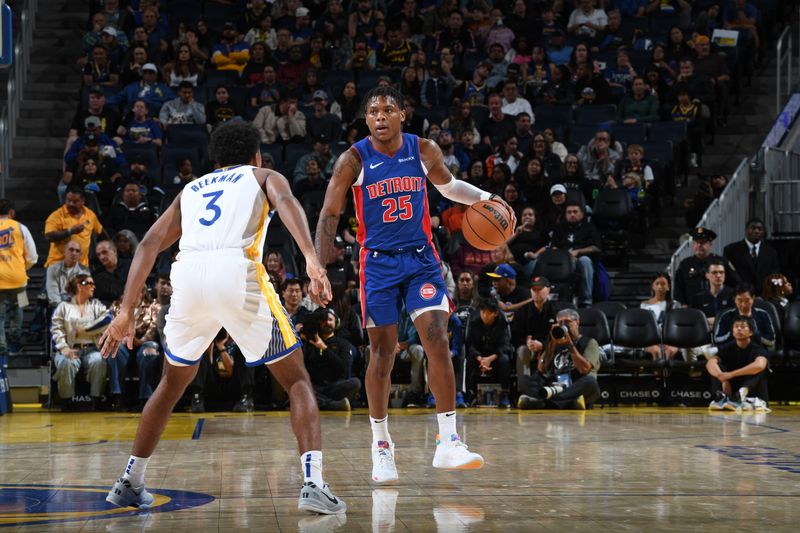 SAN FRANCISCO, CA - OCTOBER 13: Marcus Sasser #25 of the Detroit Pistons handles the ball during the game against the Golden State Warriors during a NBA Preseason game on October 13, 2024 at Chase Center in San Francisco, California. NOTE TO USER: User expressly acknowledges and agrees that, by downloading and or using this photograph, user is consenting to the terms and conditions of Getty Images License Agreement. Mandatory Copyright Notice: Copyright 2024 NBAE (Photo by Noah Graham/NBAE via Getty Images)