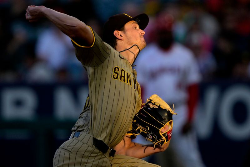 Jun 4, 2024; Anaheim, California, USA;  San Diego Padres starting pitcher Adam Mazur (36) delivers to the plate in the second inning against the Los Angeles Angels at Angel Stadium. Mandatory Credit: Jayne Kamin-Oncea-USA TODAY Sports