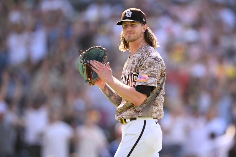 Jul 30, 2023; San Diego, California, USA; San Diego Padres relief pitcher Josh Hader (71) celebrates after defeating the Texas Rangers at Petco Park. Mandatory Credit: Orlando Ramirez-USA TODAY Sports