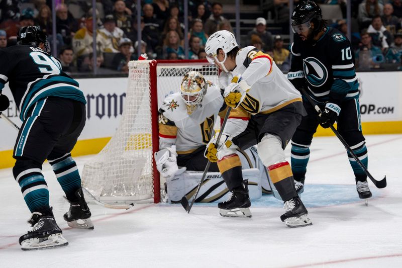 Feb 19, 2024; San Jose, California, USA; San Jose Sharks right wing Justin Bailey (90) shoots the puck against Vegas Golden Knights goaltender Logan Thompson (36) during the second period at SAP Center at San Jose. Mandatory Credit: Neville E. Guard-USA TODAY Sports