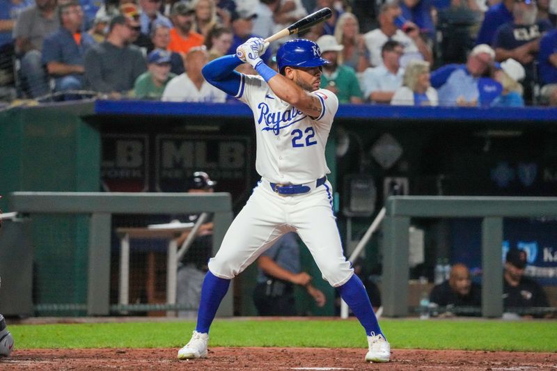 Sep 4, 2024; Kansas City, Missouri, USA; Kansas City Royals right fielder Tommy Pham (22) at bat against the Cleveland Guardians in the seventh inning at Kauffman Stadium. Mandatory Credit: Denny Medley-Imagn Images