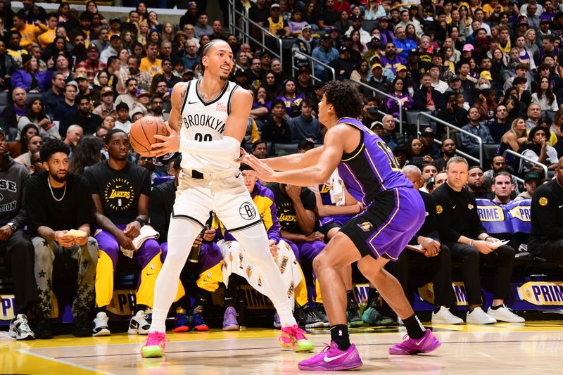 LOS ANGELES, CA - JANUARY 17: Jalen Wilson #22 of the Brooklyn Nets handles the ball during the game against the Los Angeles Lakers on January 17, 2025 at Crypto.Com Arena in Los Angeles, California. NOTE TO USER: User expressly acknowledges and agrees that, by downloading and/or using this Photograph, user is consenting to the terms and conditions of the Getty Images License Agreement. Mandatory Copyright Notice: Copyright 2025 NBAE (Photo by Adam Pantozzi/NBAE via Getty Images)