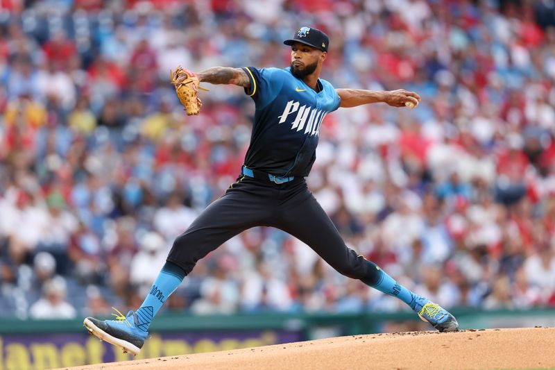 Jul 26, 2024; Philadelphia, Pennsylvania, USA; Philadelphia Phillies pitcher Cristopher Sanchez (61) throws a pitch during the first inning against the Cleveland Guardians at Citizens Bank Park. Mandatory Credit: Bill Streicher-USA TODAY Sports