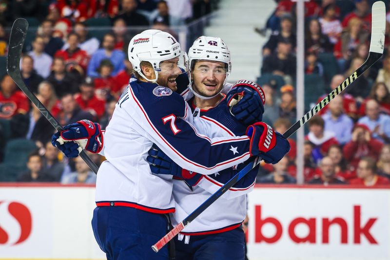 Jan 25, 2024; Calgary, Alberta, CAN; Columbus Blue Jackets center Alexandre Texier (42) celebrates his goal with center Sean Kuraly (7) during the second period against the Calgary Flames at Scotiabank Saddledome. Mandatory Credit: Sergei Belski-USA TODAY Sports