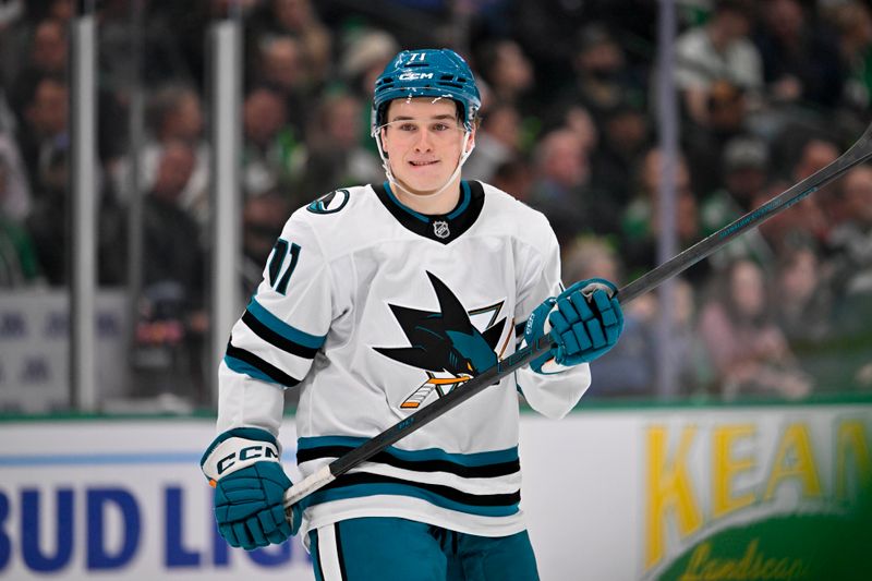 Nov 20, 2024; Dallas, Texas, USA; San Jose Sharks center Macklin Celebrini (71) skates against the San Jose Sharks during the first period at the American Airlines Center. Mandatory Credit: Jerome Miron-Imagn Images