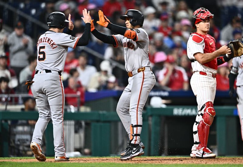 May 5, 2024; Philadelphia, Pennsylvania, USA; San Francisco Giants second baseman Thairo Estrada (39) celebrates with outfielder Mike Yastrzemski (5) after hitting a two-run home run against the Philadelphia Phillies in the seventh inning at Citizens Bank Park. Mandatory Credit: Kyle Ross-USA TODAY Sports