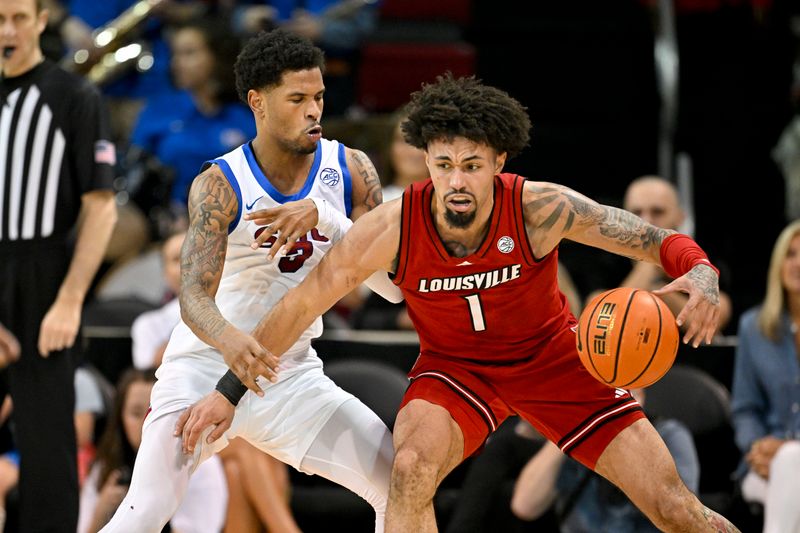 Feb 17, 2026; Dallas, Texas, USA; Louisville Cardinals guard J'vonne Hadley (1) looks to move the ball past SMU Mustangs forward Corey Washington (3) during the second half at Moody Coliseum. Mandatory Credit: Jerome Miron-Imagn Images
