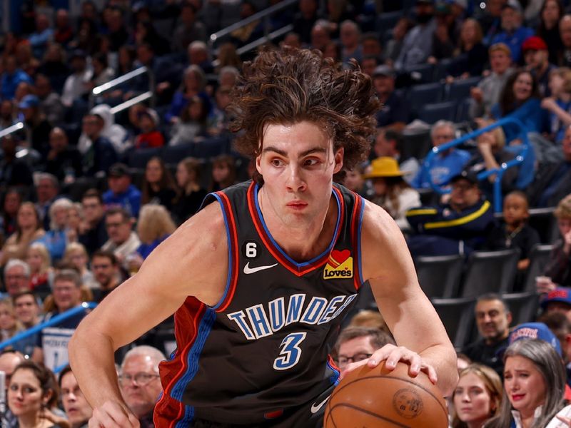 OKLAHOMA CITY, OK - DECEMBER 16: Josh Giddey #3 of the Oklahoma City Thunder dribbles the ball during the game against the Minnesota Timberwolves on December 16, 2022 at Paycom Arena in Oklahoma City, Oklahoma. NOTE TO USER: User expressly acknowledges and agrees that, by downloading and or using this photograph, User is consenting to the terms and conditions of the Getty Images License Agreement. Mandatory Copyright Notice: Copyright 2022 NBAE (Photo by Zach Beeker/NBAE via Getty Images)