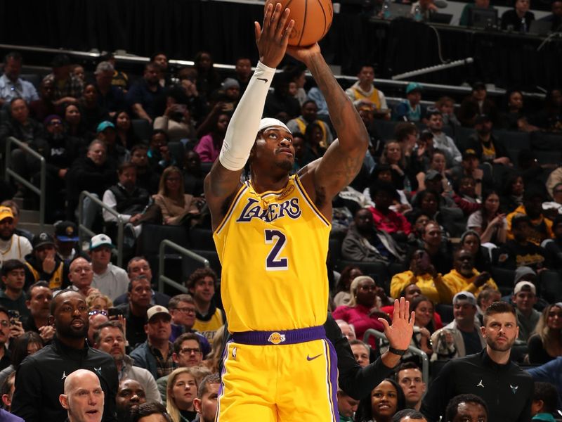 CHARLOTTE, NC - JANUARY 27:  Jarred Vanderbilt #2 of the Los Angeles Lakers shoots the ball during the game against the Charlotte Hornets on January 27, 2025 at Spectrum Center in Charlotte, North Carolina. NOTE TO USER: User expressly acknowledges and agrees that, by downloading and or using this photograph, User is consenting to the terms and conditions of the Getty Images License Agreement. Mandatory Copyright Notice: Copyright 2025 NBAE (Photo by Kent Smith/NBAE via Getty Images)