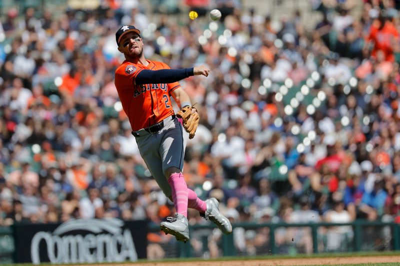 May 12, 2024; Detroit, Michigan, USA;  Houston Astros third baseman Alex Bregman (2) makes a throw to first in the fifth inning against the Detroit Tigers at Comerica Park. Mandatory Credit: Rick Osentoski-USA TODAY Sports