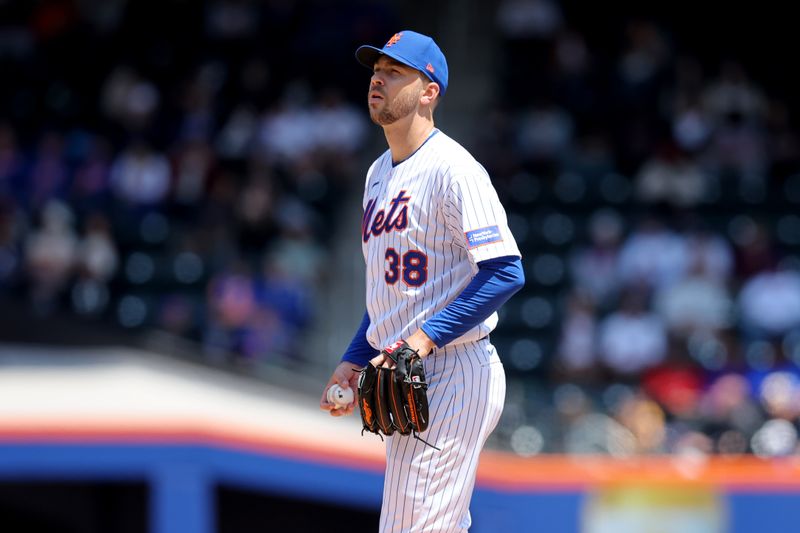 May 18, 2023; New York City, New York, USA; New York Mets starting pitcher Tylor Megill (38) reacts during the first inning against the Tampa Bay Rays at Citi Field. Mandatory Credit: Brad Penner-USA TODAY Sports