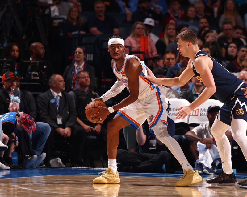 OKLAHOMA CITY, OK - MARCH 10: Shai Gilgeous-Alexander #2 of the Oklahoma City Thunder looks on during the game against the Denver Nuggets on March 10, 2025 at Paycom Center in Oklahoma City, Oklahoma. NOTE TO USER: User expressly acknowledges and agrees that, by downloading and or using this photograph, User is consenting to the terms and conditions of the Getty Images License Agreement. Mandatory Copyright Notice: Copyright 2025 NBAE(Photo by Zach Beeker/NBAE via Getty Images)