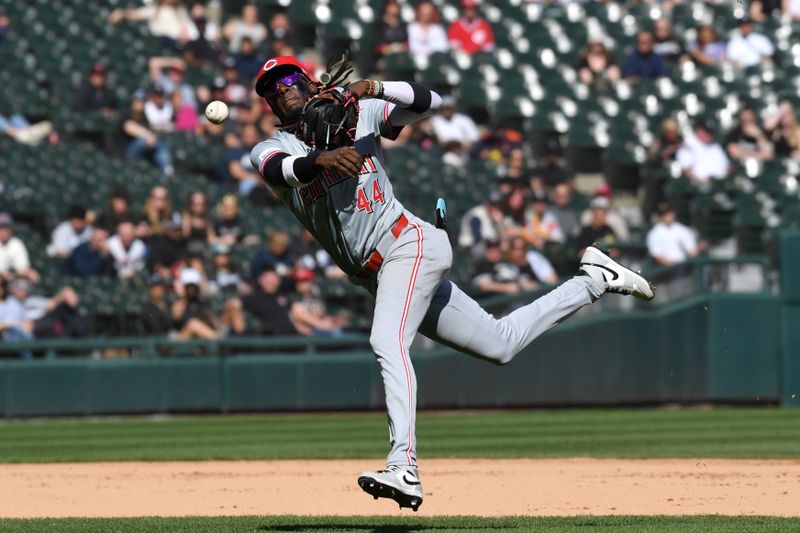 Apr 13, 2024; Chicago, Illinois, USA; Cincinnati Reds shortstop Elly De La Cruz (44) throws out Chicago White Sox second baseman Nicky Lopez (not pictured) to end the game at Guaranteed Rate Field. Mandatory Credit: Patrick Gorski-USA TODAY Sports