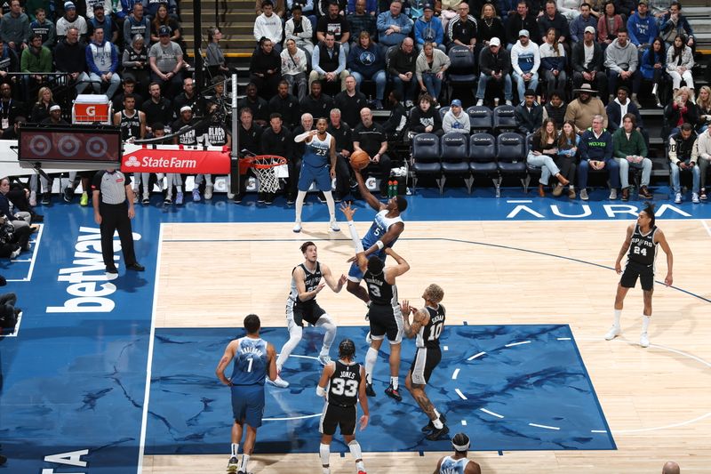 MINNEAPOLIS, MN -  FEBRUARY 27: Anthony Edwards #5 of the Minnesota Timberwolves drives to the basket during the game against the San Antonio Spurs on February 27, 2024 at Target Center in Minneapolis, Minnesota. NOTE TO USER: User expressly acknowledges and agrees that, by downloading and or using this Photograph, user is consenting to the terms and conditions of the Getty Images License Agreement. Mandatory Copyright Notice: Copyright 2024 NBAE (Photo by David Sherman/NBAE via Getty Images)