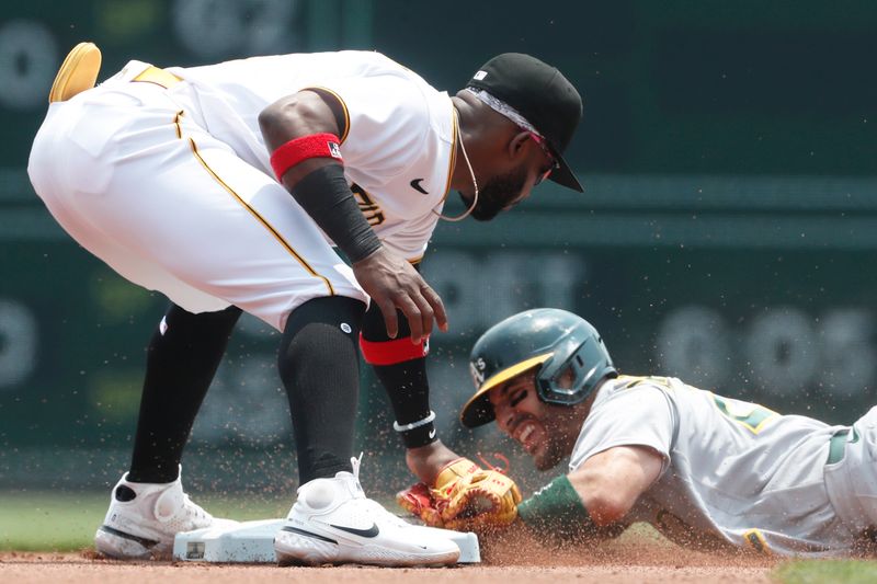 Jun 7, 2023; Pittsburgh, Pennsylvania, USA;  Oakland Athletics right fielder Ramon Laureano (22) attempts to steal second base against Pittsburgh Pirates shortstop Rodolfo Castro (14) during the fourth inning  at PNC Park. Mandatory Credit: Charles LeClaire-USA TODAY Sports