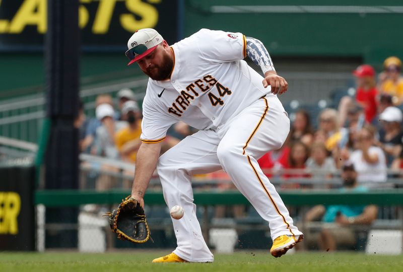 Jul 4, 2024; Pittsburgh, Pennsylvania, USA; Pittsburgh Pirates first baseman Rowdy Tellez (44) fields a ball hit by St. Louis Cardinals left fielder Brendan Donovan (33) during the second inning at PNC Park. Mandatory Credit: Charles LeClaire-USA TODAY Sports