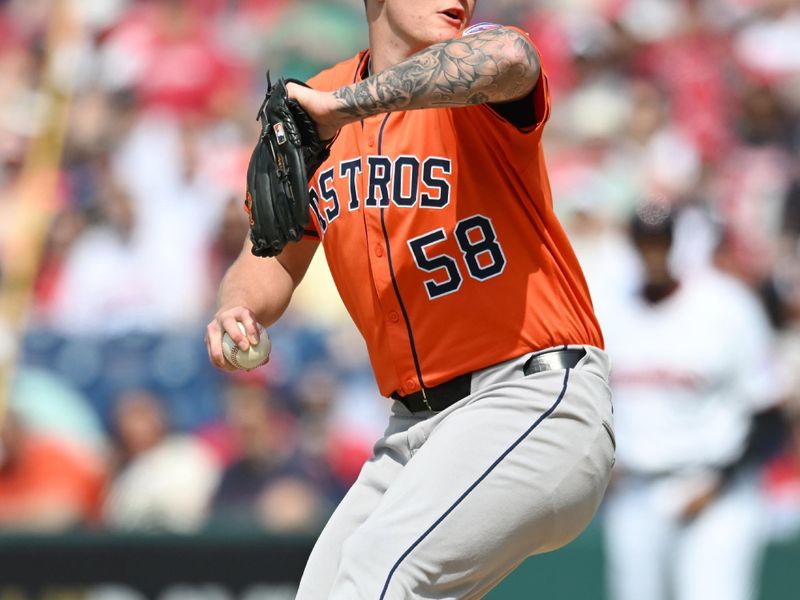 Jun 7, 2025; Cleveland, Ohio, USA; Houston Astros starting pitcher Hunter Brown (58) throws a pitch during the first inning against the Cleveland Guardians at Progressive Field. Mandatory Credit: Ken Blaze-Imagn Images
