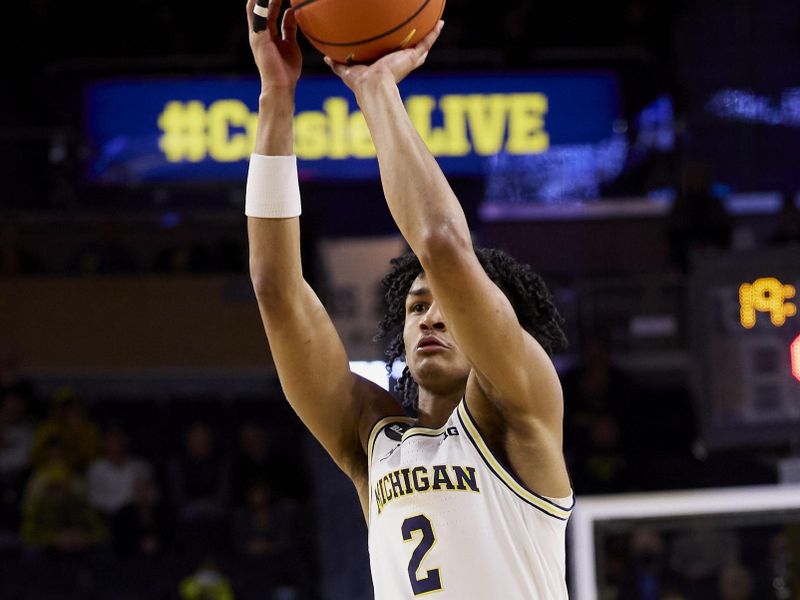 Jan 22, 2023; Ann Arbor, Michigan, USA;  Michigan Wolverines guard Kobe Bufkin (2) shoots in the first half against the Minnesota Golden Gophers at Crisler Center. Mandatory Credit: Rick Osentoski-USA TODAY Sports