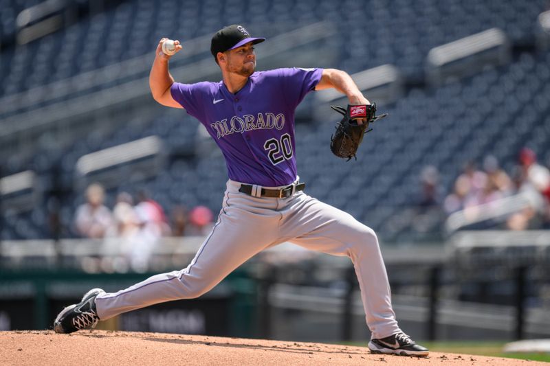 Jul 26, 2023; Washington, District of Columbia, USA; Colorado Rockies starting pitcher Peter Lambert (20) throws a pitch during the first inning against the Washington Nationals at Nationals Park. Mandatory Credit: Reggie Hildred-USA TODAY Sports