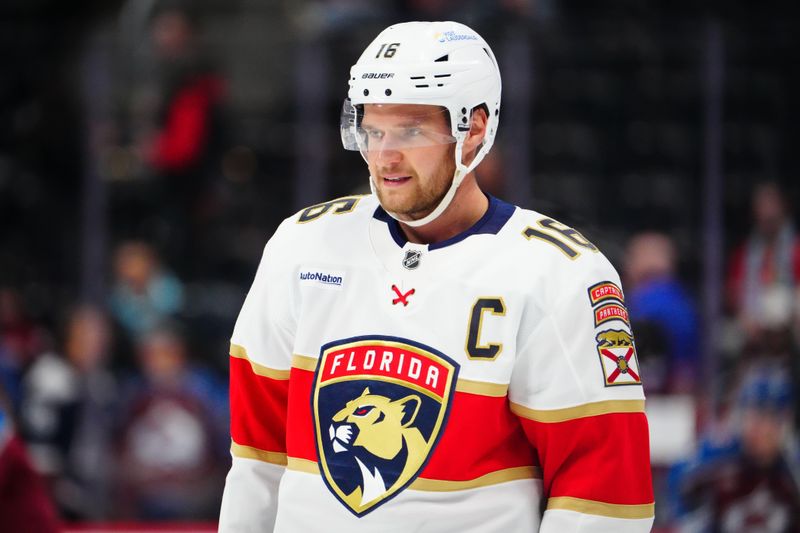 Jan 6, 2025; Denver, Colorado, USA; Florida Panthers center Aleksander Barkov (16) before the game against the Colorado Avalanche at Ball Arena. Mandatory Credit: Ron Chenoy-Imagn Images