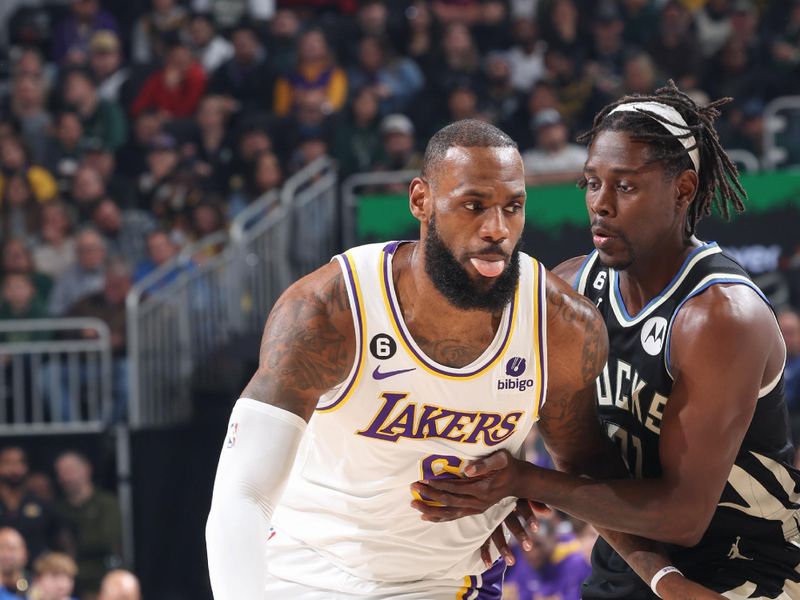 MILWAUKEE, WI - DECEMBER 2:  LeBron James #6 of the Los Angeles Lakers drives to the basket during the game against the Milwaukee Bucks on December 2, 2022 at the Fiserv Forum Center in Milwaukee, Wisconsin. NOTE TO USER: User expressly acknowledges and agrees that, by downloading and or using this Photograph, user is consenting to the terms and conditions of the Getty Images License Agreement. Mandatory Copyright Notice: Copyright 2022 NBAE (Photo by Jeff Haynes/NBAE via Getty Images).