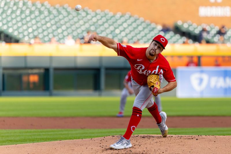 Sep 13, 2023; Detroit, Michigan, USA; Cincinnati Reds starting pitcher Connor Phillips (34) throws in the first inning against the Detroit Tigers at Comerica Park. Mandatory Credit: David Reginek-USA TODAY Sports