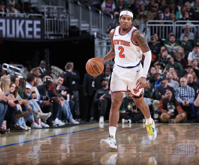 MILWAUKEE, WI - APRIL 7: Miles McBride #2 of the New York Knicks dribbles the ball during the game against the Milwaukee Bucks on April 7, 2024 at the Fiserv Forum Center in Milwaukee, Wisconsin. NOTE TO USER: User expressly acknowledges and agrees that, by downloading and or using this Photograph, user is consenting to the terms and conditions of the Getty Images License Agreement. Mandatory Copyright Notice: Copyright 2024 NBAE (Photo by Jeff Haynes/NBAE via Getty Images).