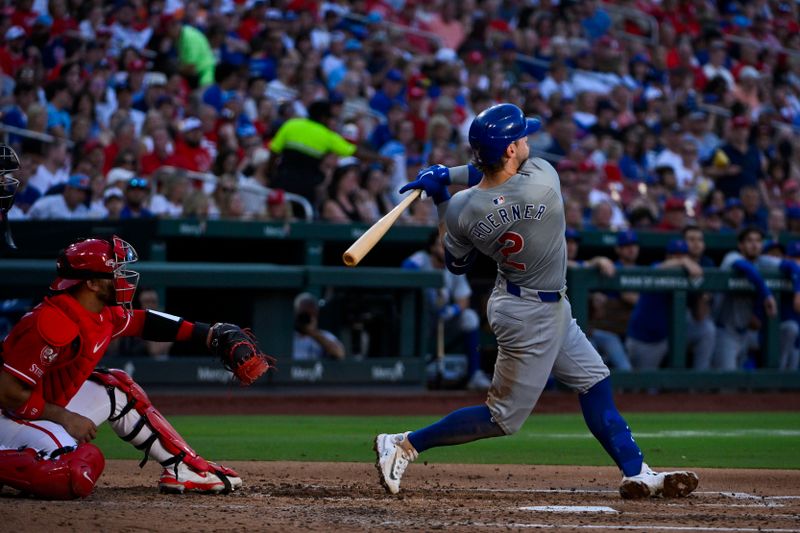 May 25, 2024; St. Louis, Missouri, USA;  Chicago Cubs second baseman Nico Hoerner (2) hits a one run double against the St. Louis Cardinals during the fourth inning at Busch Stadium. Mandatory Credit: Jeff Curry-USA TODAY Sports