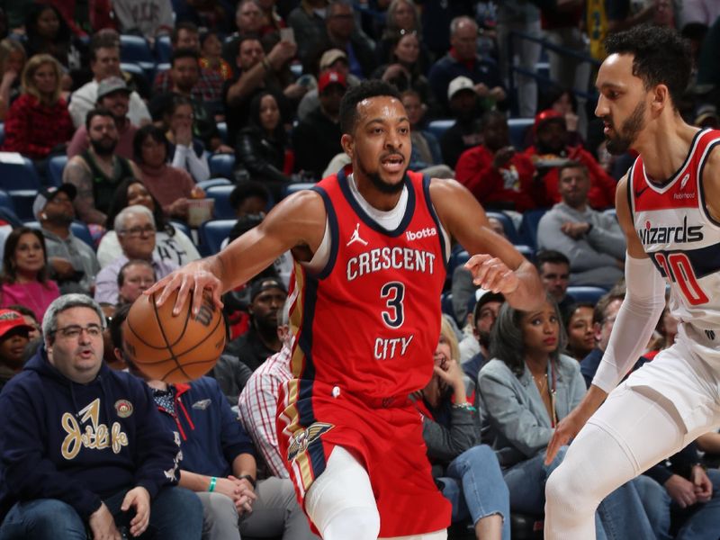 NEW ORLEANS, LA - FEBRUARY 14: CJ McCollum #3 of the New Orleans Pelicans handles the ball during the game against the Washington Wizards on February 14, 2024 at the Smoothie King Center in New Orleans, Louisiana. NOTE TO USER: User expressly acknowledges and agrees that, by downloading and or using this Photograph, user is consenting to the terms and conditions of the Getty Images License Agreement. Mandatory Copyright Notice: Copyright 2024 NBAE (Photo by Layne Murdoch Jr./NBAE via Getty Images)