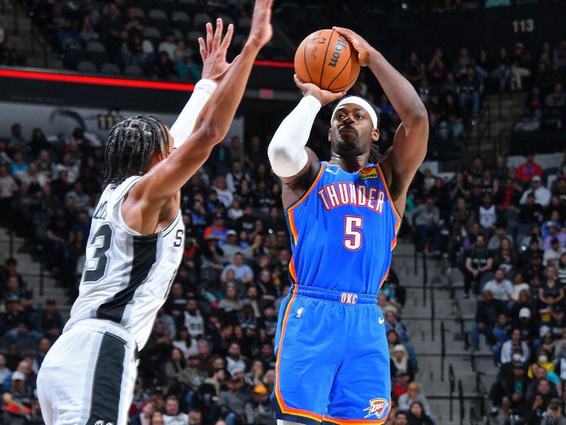 SAN ANTONIO, TX - FEBRUARY 29: Luguentz Dort #5 of the Oklahoma City Thunder shoots the ball during the game against the San Antonio Spurs on February 29, 2024 at the Frost Bank Center in San Antonio, Texas. NOTE TO USER: User expressly acknowledges and agrees that, by downloading and or using this photograph, user is consenting to the terms and conditions of the Getty Images License Agreement. Mandatory Copyright Notice: Copyright 2024 NBAE (Photos by Michael Gonzales/NBAE via Getty Images)