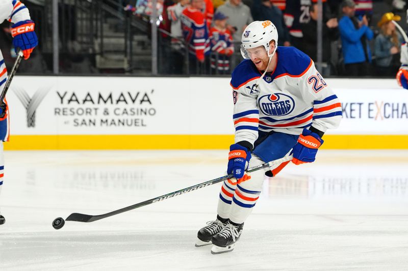 Dec 3, 2024; Las Vegas, Nevada, USA; Edmonton Oilers right wing Connor Brown (28) warms up before a game against the Vegas Golden Knights at T-Mobile Arena. Mandatory Credit: Stephen R. Sylvanie-Imagn Images